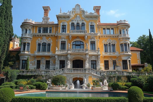 Grand Yellow Mansion with Ornate Facade and Fountain photo