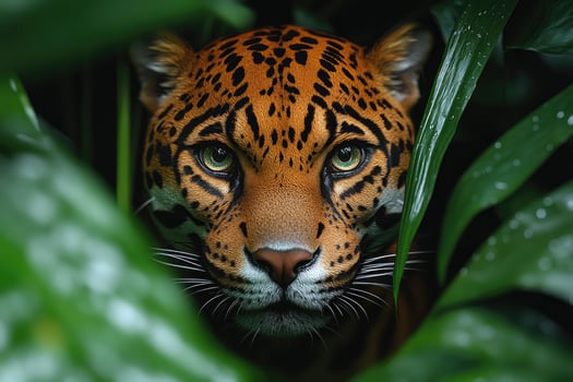 Jaguar peering through lush green tropical foliage photo