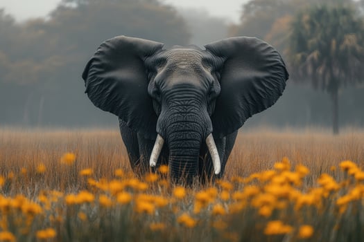 Majestic African Elephant in a Field of Yellow Flowers photo