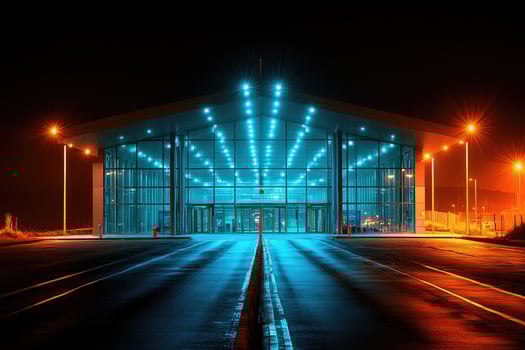 Modern glass building illuminated at night with vibrant colors photo