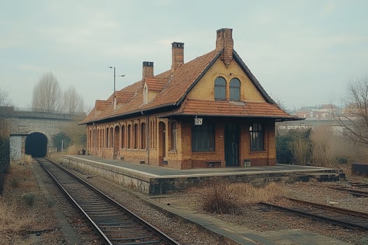 Old Brick Train Station Building Near Railway Tracks photo