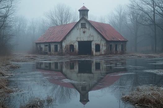 Old Barn Reflecting in Foggy Winter Water photo