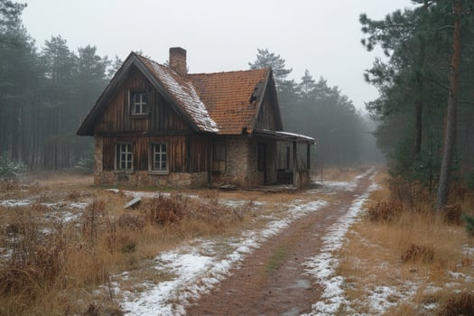 Old Wooden House in a Foggy Winter Forest photo
