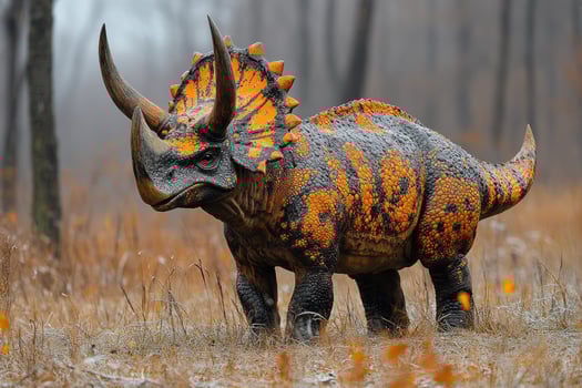 Orange And Black Triceratops Dinosaur In Autumn Woods photo