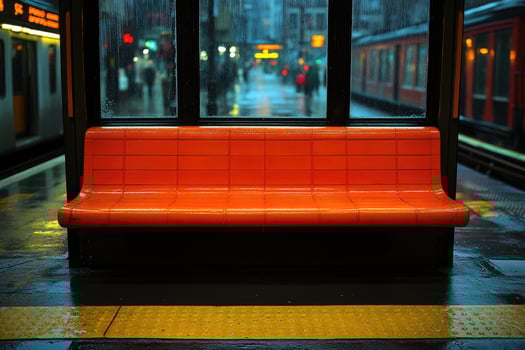 Orange Bench At A Rainy Train Station Platform photo