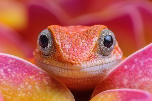 Orange Lizard Among Pink Petals Close Up photo