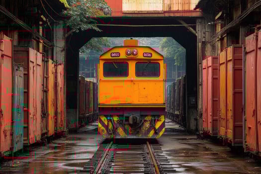Orange Train Engine in Old Railway Yard photo