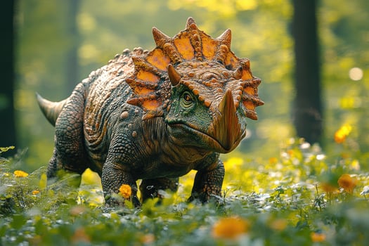Ornate Dinosaur Amidst Springtime Blossoms photo
