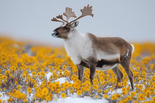 Reindeer in Snowy Yellow Flower Field photo