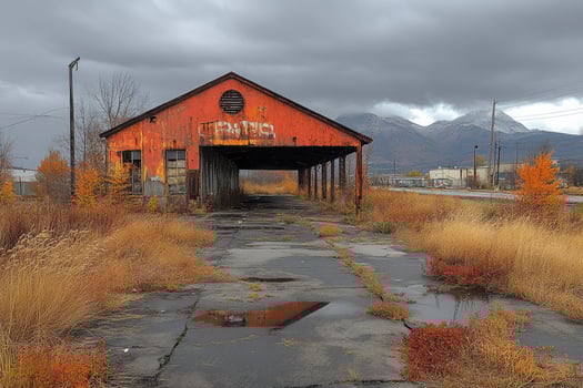 Rusted Red Shed Autumn Landscape Mountains Background photo