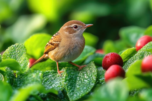 Small Brown Bird Perched Among Green Leaves and Red Berries photo