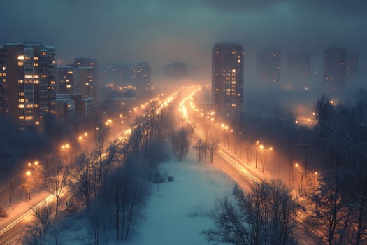 Snowy Cityscape Night Street Lights Illuminated Buildings photo