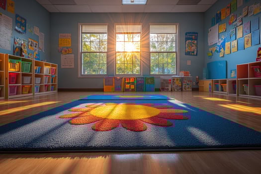 Sunlit Preschool Classroom With Colorful Decor And Rugs photo