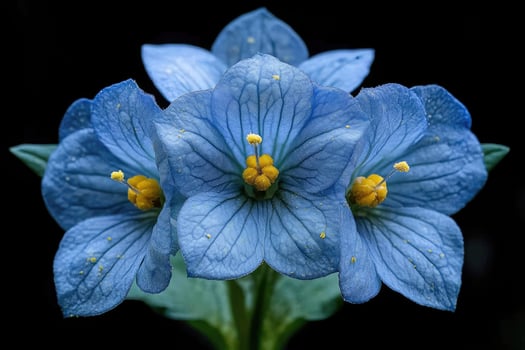 Three Blue Flowers Against Black Background photo