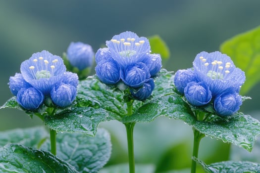 Three Dew Kissed Blue Flowers Blooming Beautifully photo