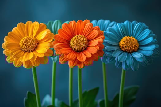 Three vibrant flowers bloom in yellow orange and blue photo
