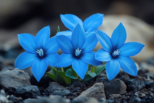 Three Vivid Blue Flowers Growing Among Rocks photo