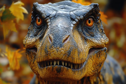 Tyrannosaurus Rex Close Up Autumn Leaves Background photo