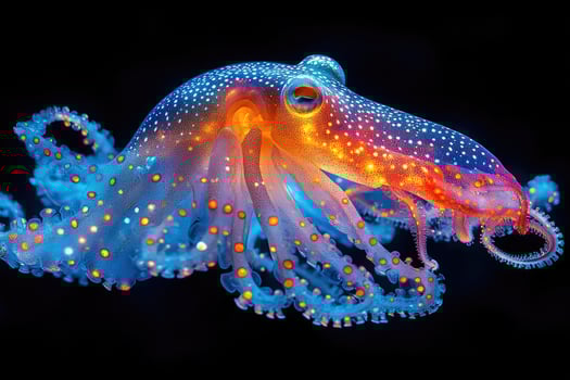 Vibrant Blue And Orange Spotted Octopus In Dark Water photo