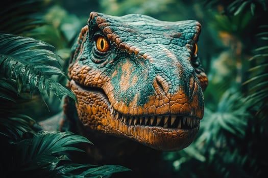 Velociraptor Head Amidst Lush Tropical Foliage photo