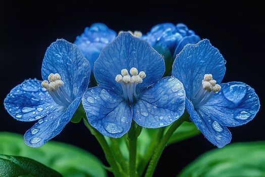 Vivid Blue Flowers Dew Drops Close Up Macro Shot photo