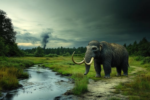 Woolly Mammoth Near Stream Under Stormy Sky photo