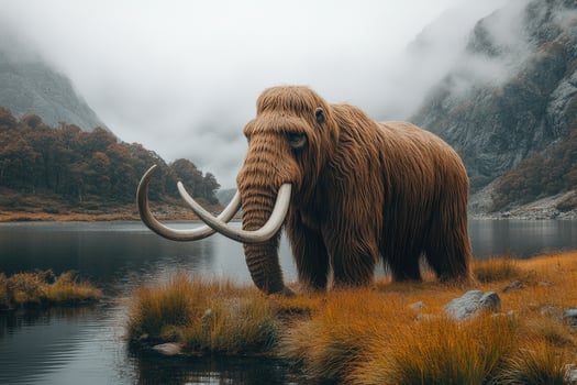 Woolly Mammoth by Misty Mountain Lake in Autumn photo
