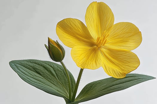 Yellow flower with bud and green leaves photo