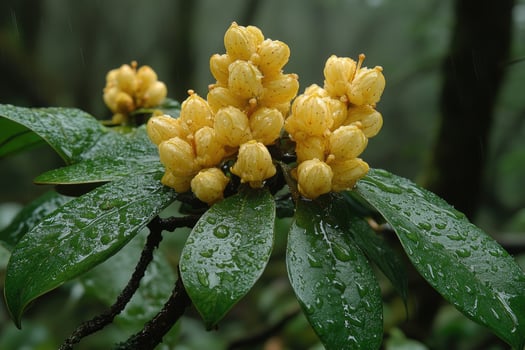 Yellow Rhododendron Buds In Rain Forest Setting photo