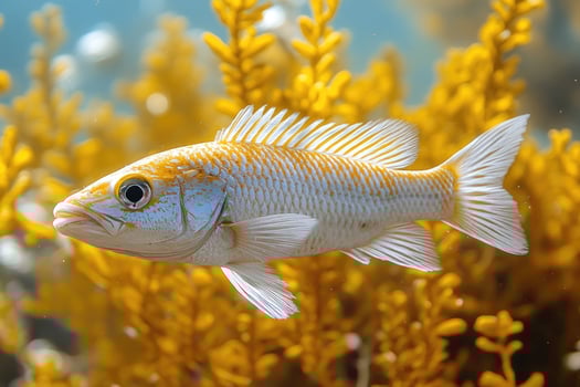 Yellow Striped Fish Swimming Amidst Golden Coral photo