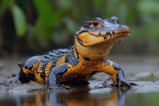 Young Spectacled Caiman Shows Striking Yellow Markings photo