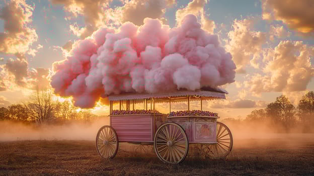 Delicate cotton candy clouds floating above rustic candy cart a sunny park afternoon photo