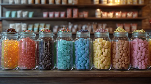 Vintage candy shop counter filled jars of colorful rock candy bright lollipops and neatly arranged chocolate bars photo