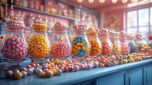Playful candy shop scene a variety of colorful candy jars lollipops and sweet treats arranged in a whimsical setup photo