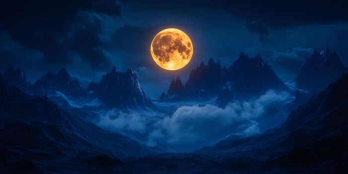A large golden full moon illuminates a dark mountain landscape with soft clouds photo