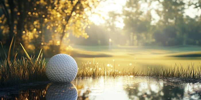 Golf ball resting on grass with golden light on a golf course landscape photo
