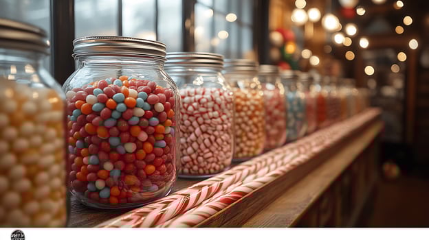 Charming candy store display featuring jars of vibrant jelly beans striped candy canes in a cozy shop setting photo