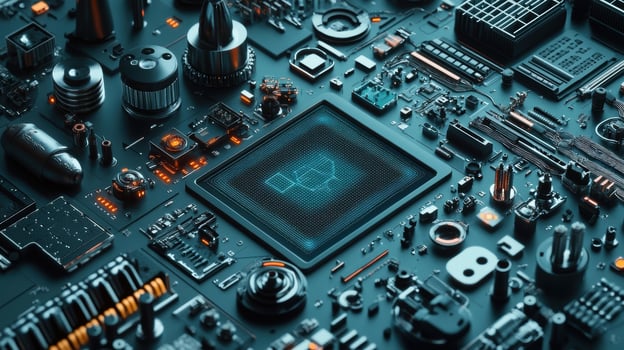 An intricate image of a machine learning algorithm visualized as a neural network diagram on a tablet surrounded by manufacturing parts symbolizing the integration of AI into the plannin photo