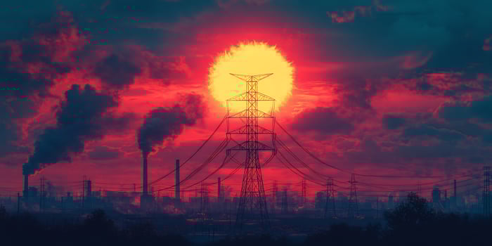 Dramatic industrial landscape at sunset featuring towering power lines and smoking chimneys with a red sky photo
