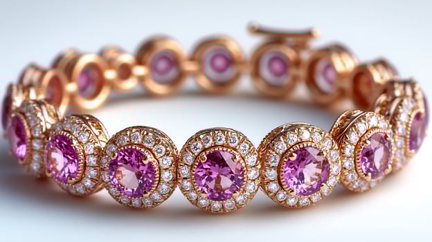 Elegant bracelet featuring pink sapphires white diamonds set in a delicate gold band closeup focus on each shining gem against a white background photo
