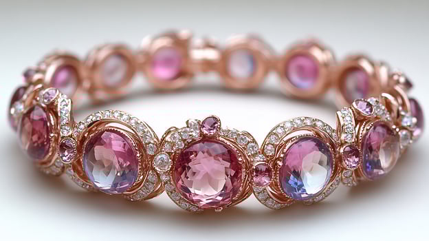 Elegant bracelet pink topaz and moonstones arranged in a delicate swirl closeup shot highlighting the intricate gem work against a pure white background photo