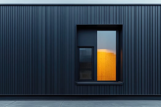 Modern building exterior with dark metal cladding and warm interior light photo