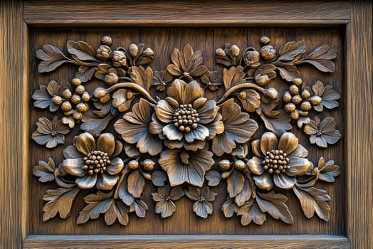 Intricate wood carving showcasing floral design on wooden panel. photo