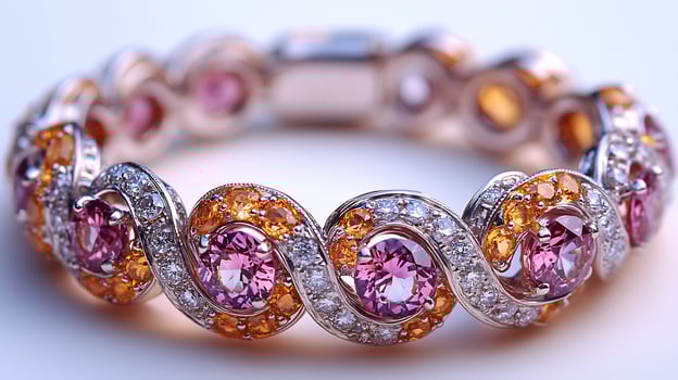 Bracelet featuring delicate pink diamonds yellow sapphires in a swirling design closeup field highlighting the vibrant gems on a pure white backdrop photo