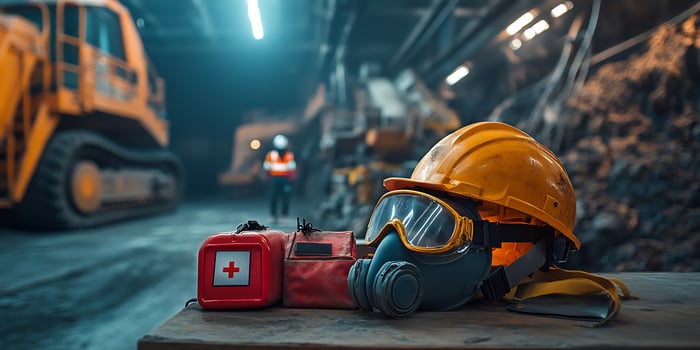 Safety gear at a mining site showcasing a yellow helmet goggles and first aid kit photo