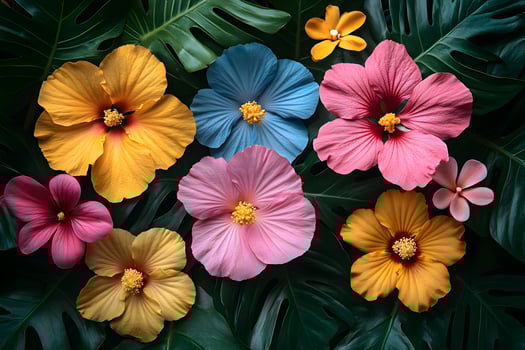Vibrant Tropical Hibiscus and Monstera Leaves - Floral Design for Botanical Decor photo