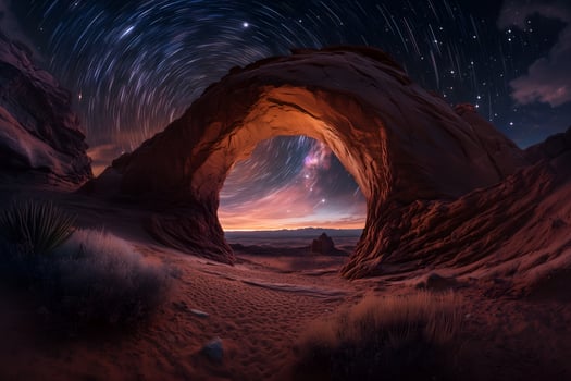 Ethereal Desert Rock Arch Under Perseid Meteor Shower photo