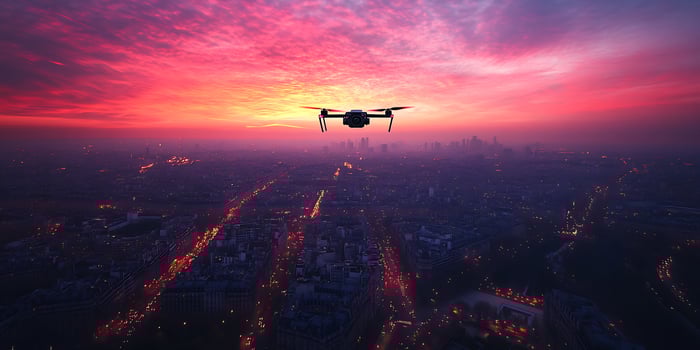 Drone flying over illuminated city at sunset with a vibrant red sky and buildings silhouetted photo