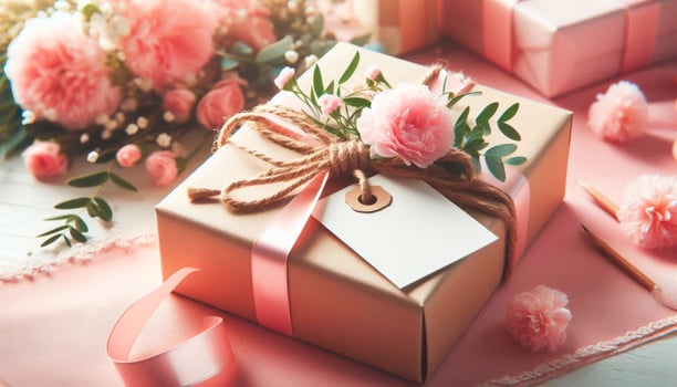 Party gift pink box with empty tag, ribbon and flowers on valentine, mother day or birthday. photo