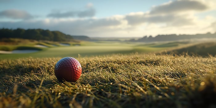 A single red golf ball resting on grass, overlooking a serene golf course on a calm day photo
